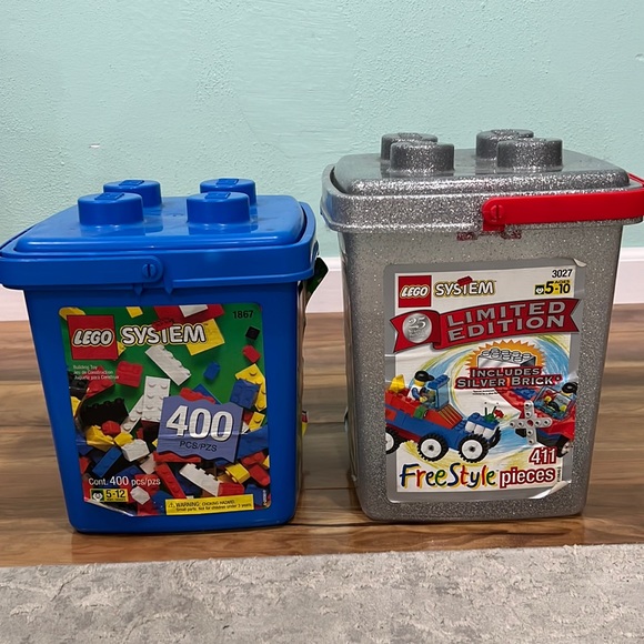 Lego Toys Two Vintage Lego Tubs Buckets Blue Sparkly Silver Poshmark